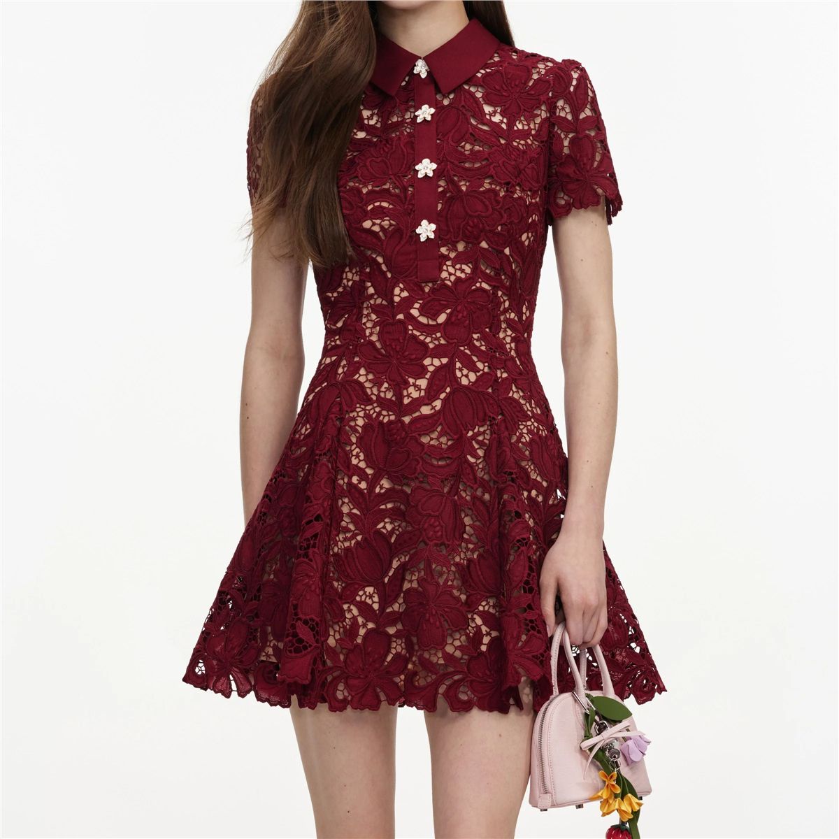 Burgundy Lace Mini Dress-SELF-PORTRAIT-Verso