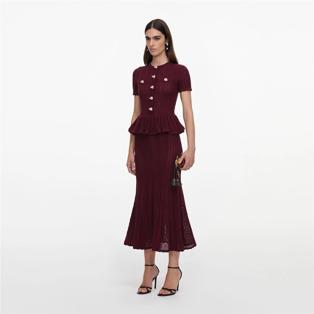 Burgundy pointelle peplum knit midi dress-SELF-PORTRAIT-Verso