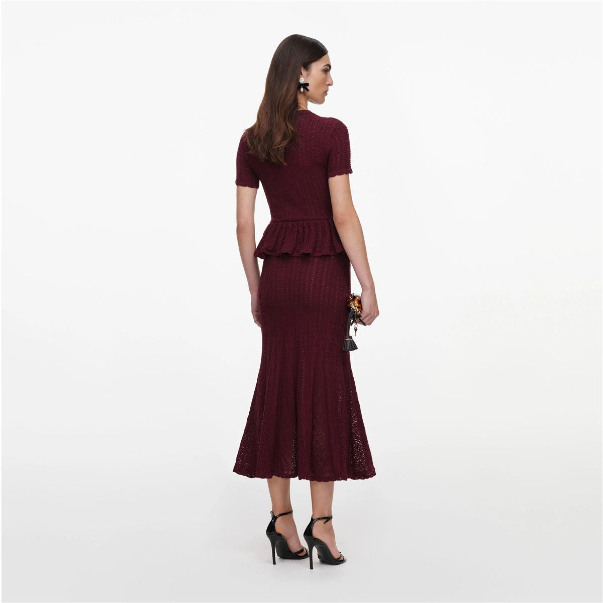 Burgundy pointelle peplum knit midi dress-SELF-PORTRAIT-Verso