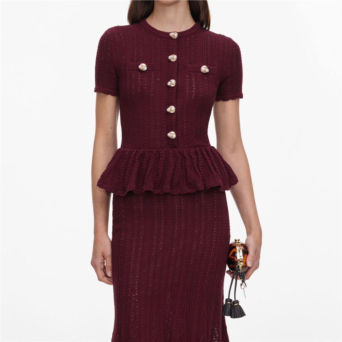 Burgundy pointelle peplum knit midi dress-SELF-PORTRAIT-Verso