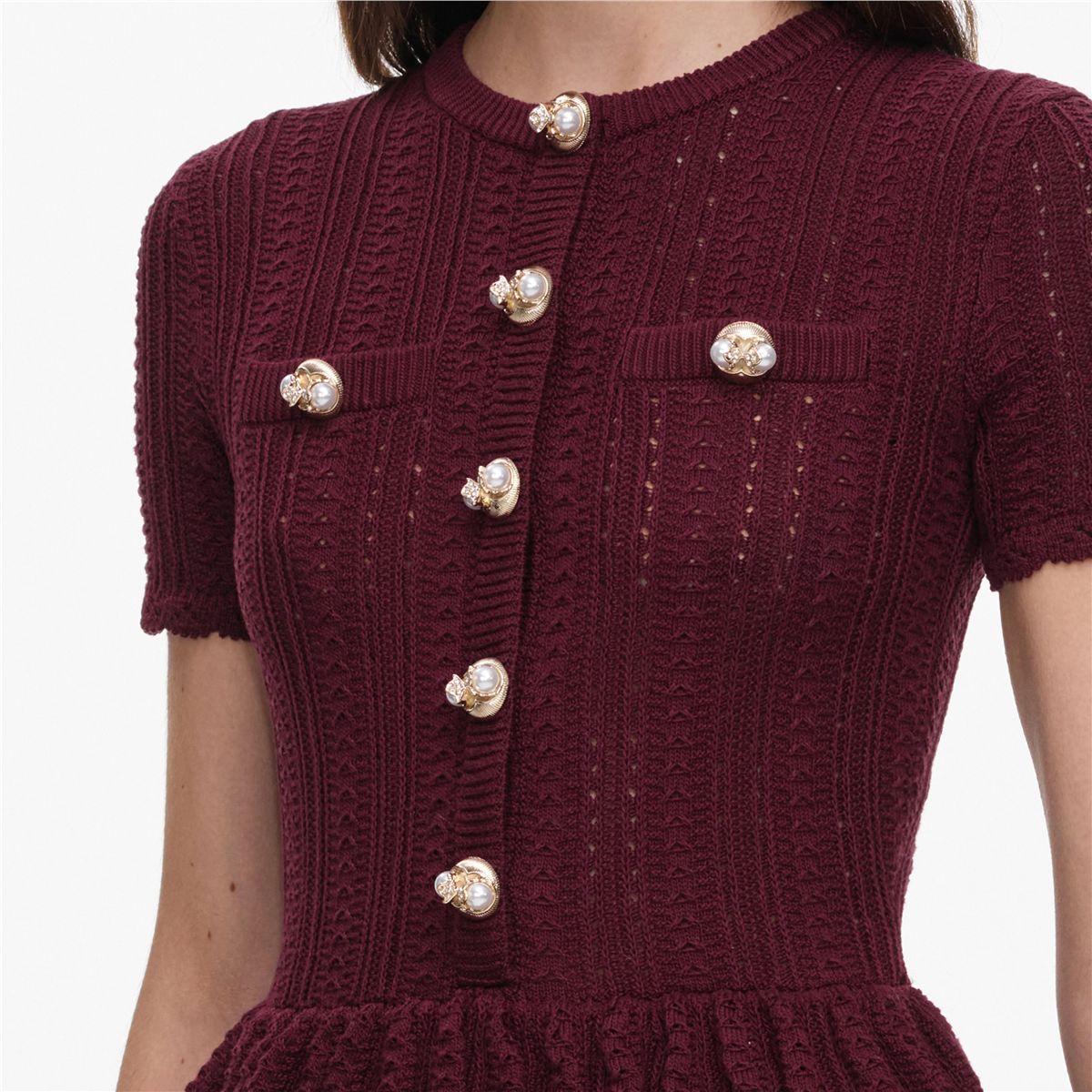 Burgundy pointelle peplum knit midi dress-SELF-PORTRAIT-Verso