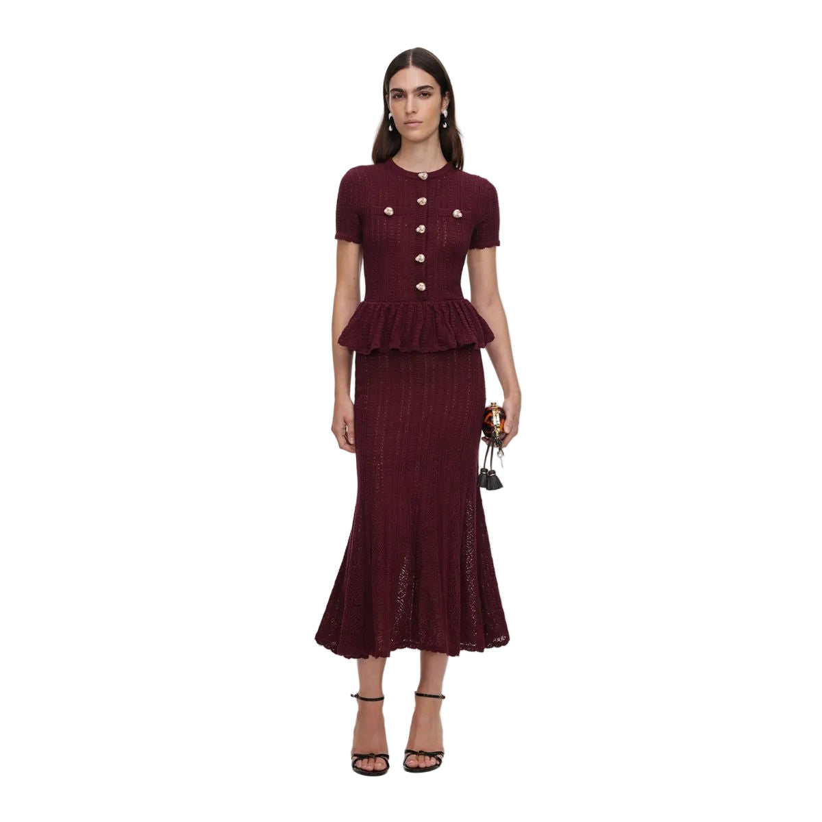 Burgundy pointelle peplum knit midi dress