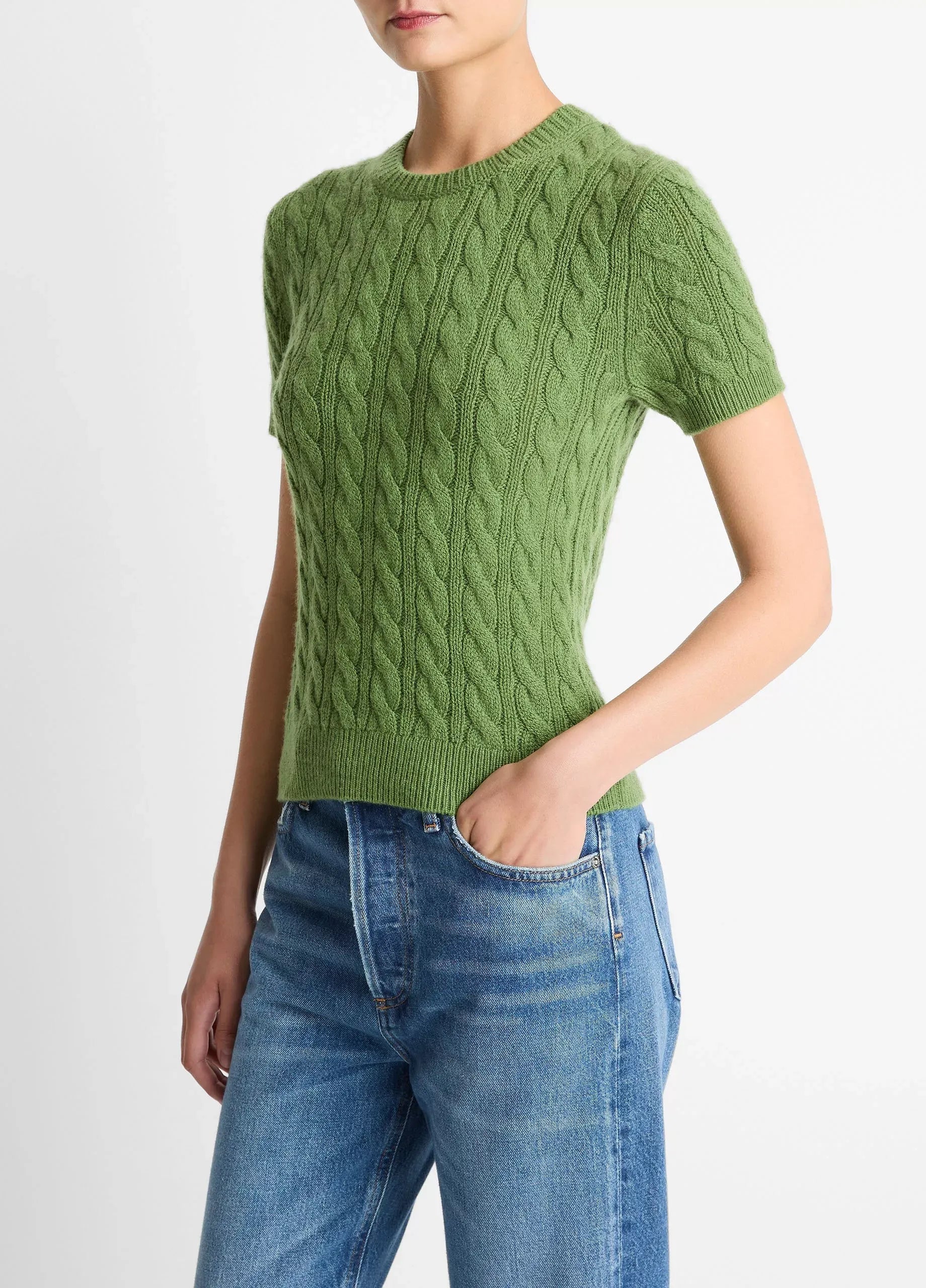 Cable-knit wool & cashmere-blend short-sleeve sweater-VINCE-Verso