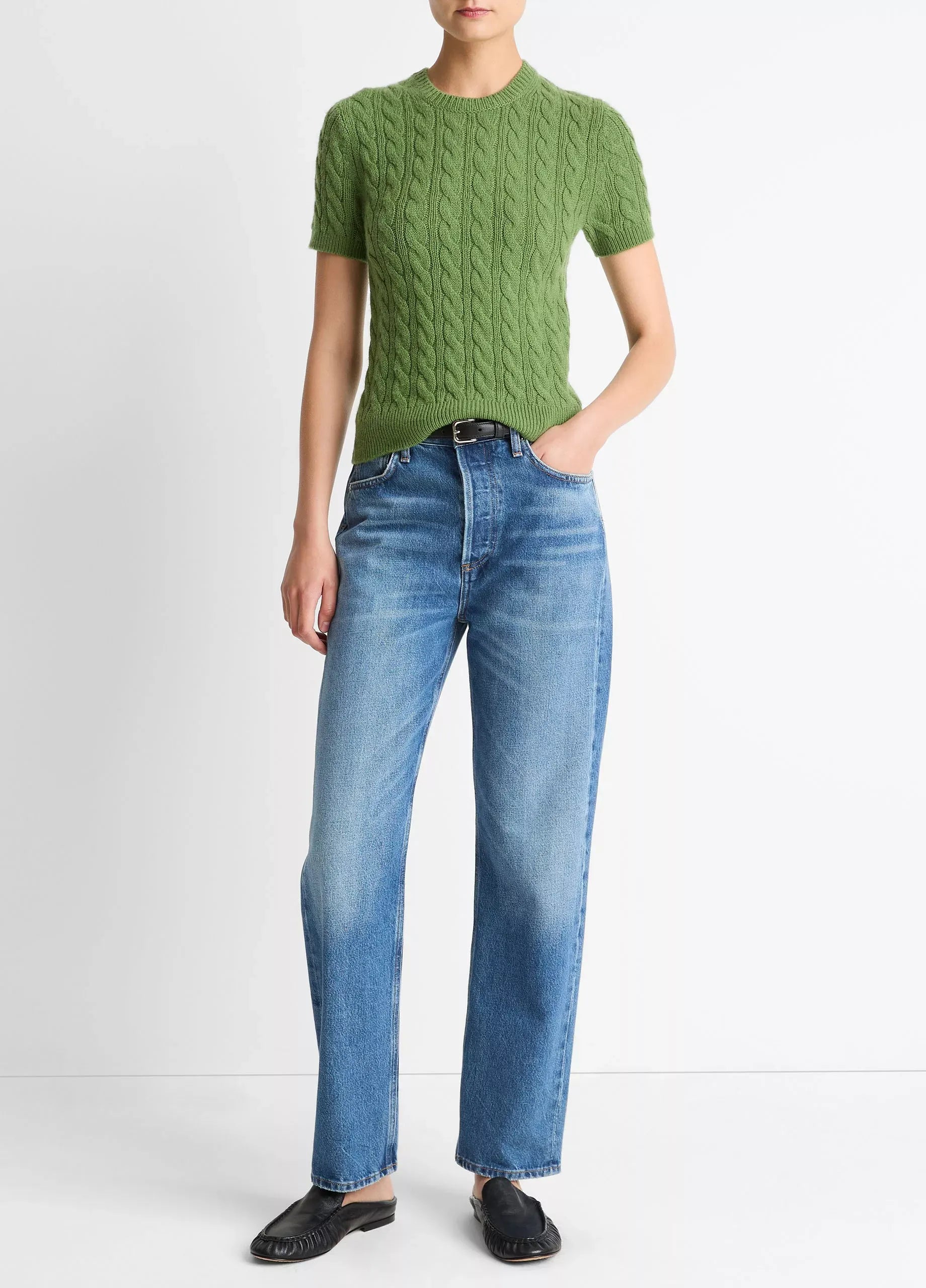 Cable-knit wool & cashmere-blend short-sleeve sweater-VINCE-Verso