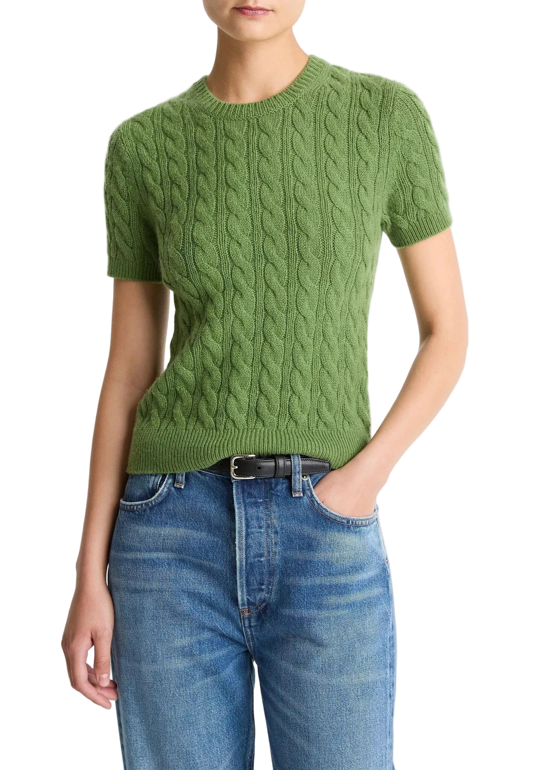 Cable-knit wool & cashmere-blend short-sleeve sweater-VINCE-Verso