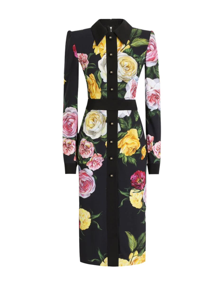 CALF-LENGTH CADY SHIRT DRESS WITH PEONY AND ROSE PRINT -  DOLCE & GABBANA -  Verso