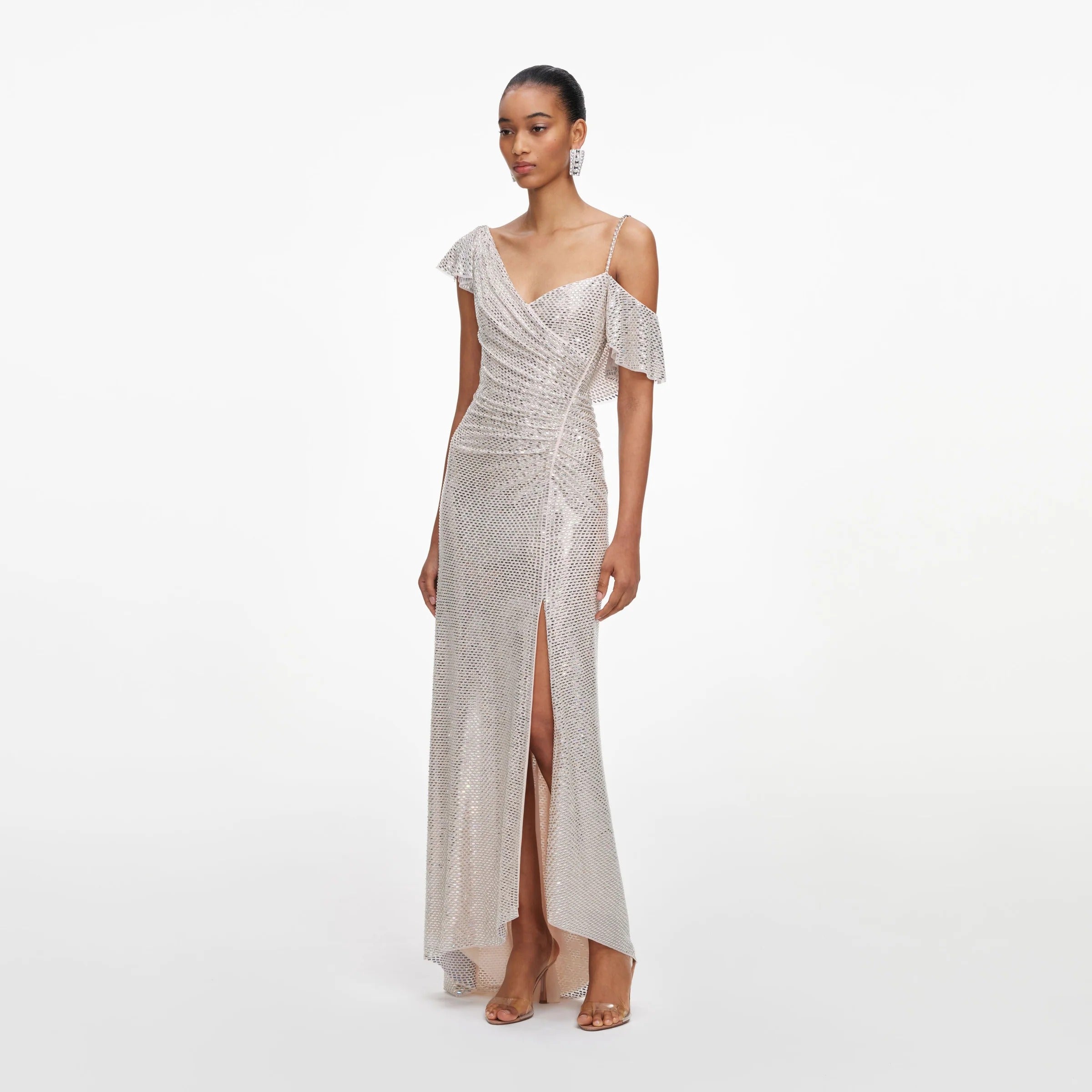 Champagne Rhinestone Ruffle Draped Maxi Dress-SELF-PORTRAIT-Verso