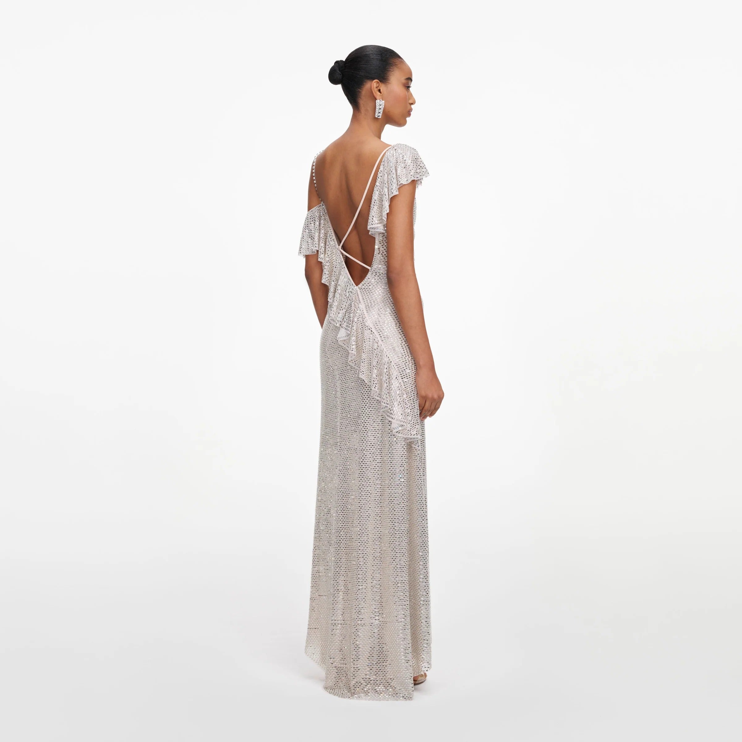 Champagne Rhinestone Ruffle Draped Maxi Dress-SELF-PORTRAIT-Verso