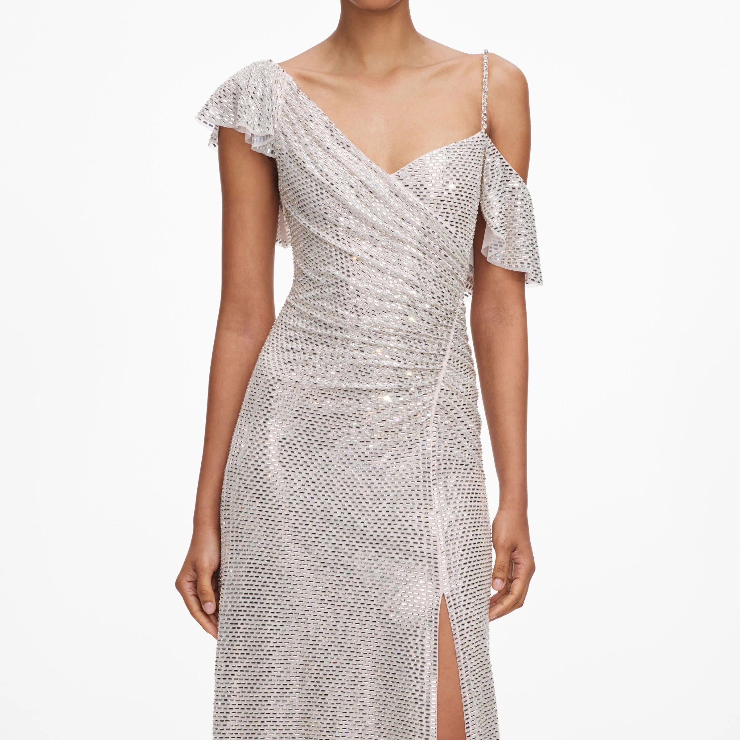 Champagne Rhinestone Ruffle Draped Maxi Dress-SELF-PORTRAIT-Verso