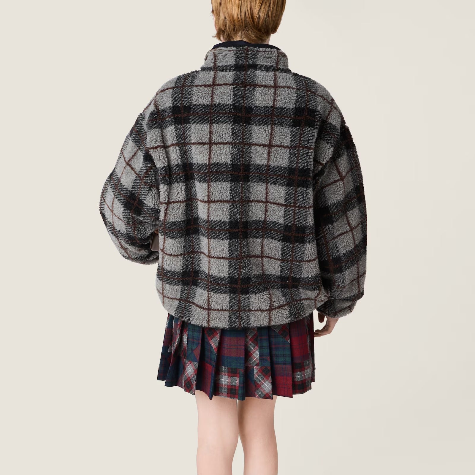Checked teddy zipper jacket-MIU MIU-Verso