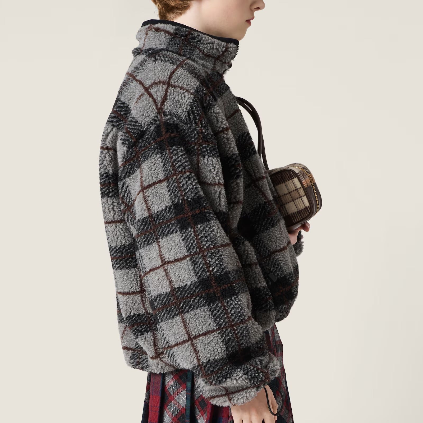 Checked teddy zipper jacket-MIU MIU-Verso
