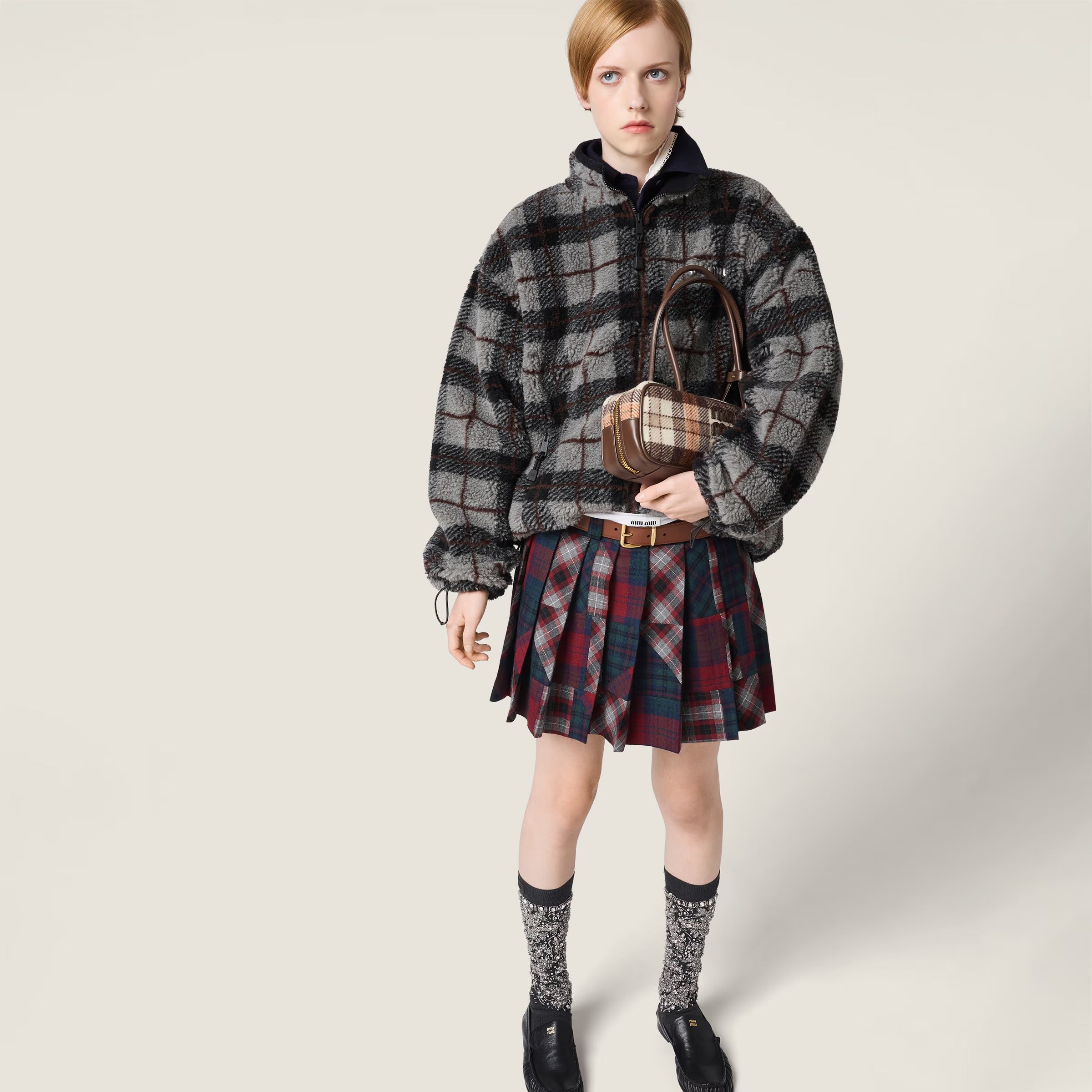 Checked teddy zipper jacket-MIU MIU-Verso