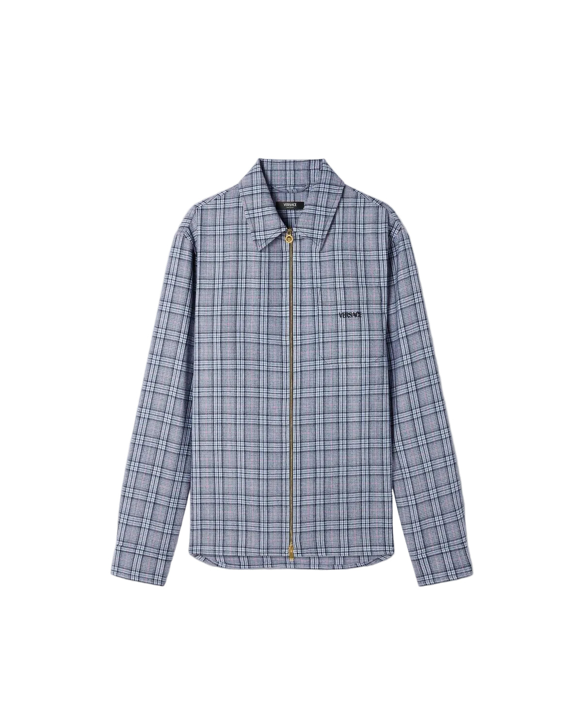 Checked Wool Flannel Zip Overshirt-VERSACE-Verso
