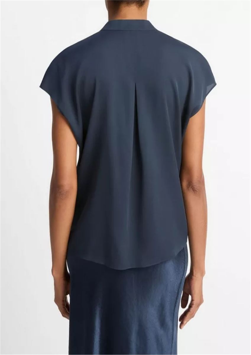 CONTRAST-PLACKET STRETCH-SILK CAP-SLEEVE BLOUSE-VINCE-Verso