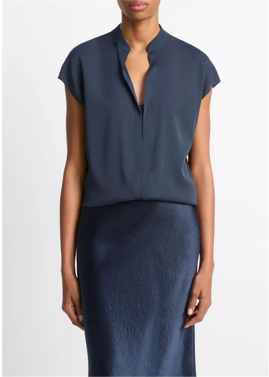 CONTRAST-PLACKET STRETCH-SILK CAP-SLEEVE BLOUSE-VINCE-Verso