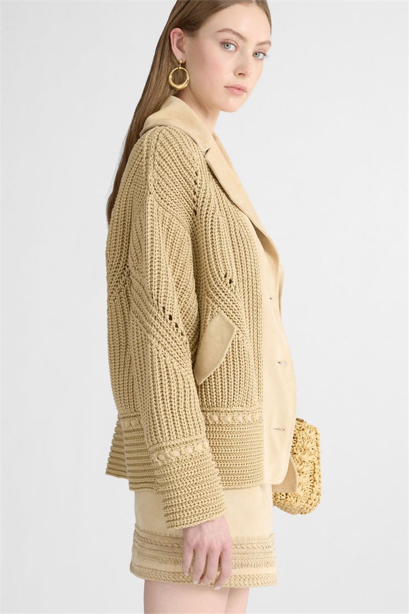 Cotton Cardigan with Suede Leather Details-ERMANNO SCERVINO-Verso