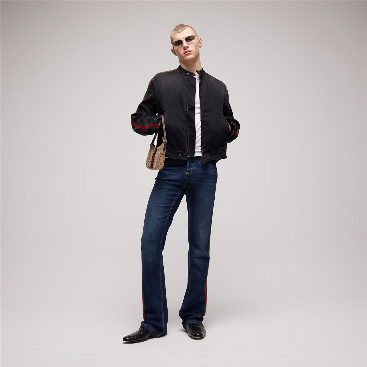 Cotton denim biker jacket with web-GUCCI-Verso