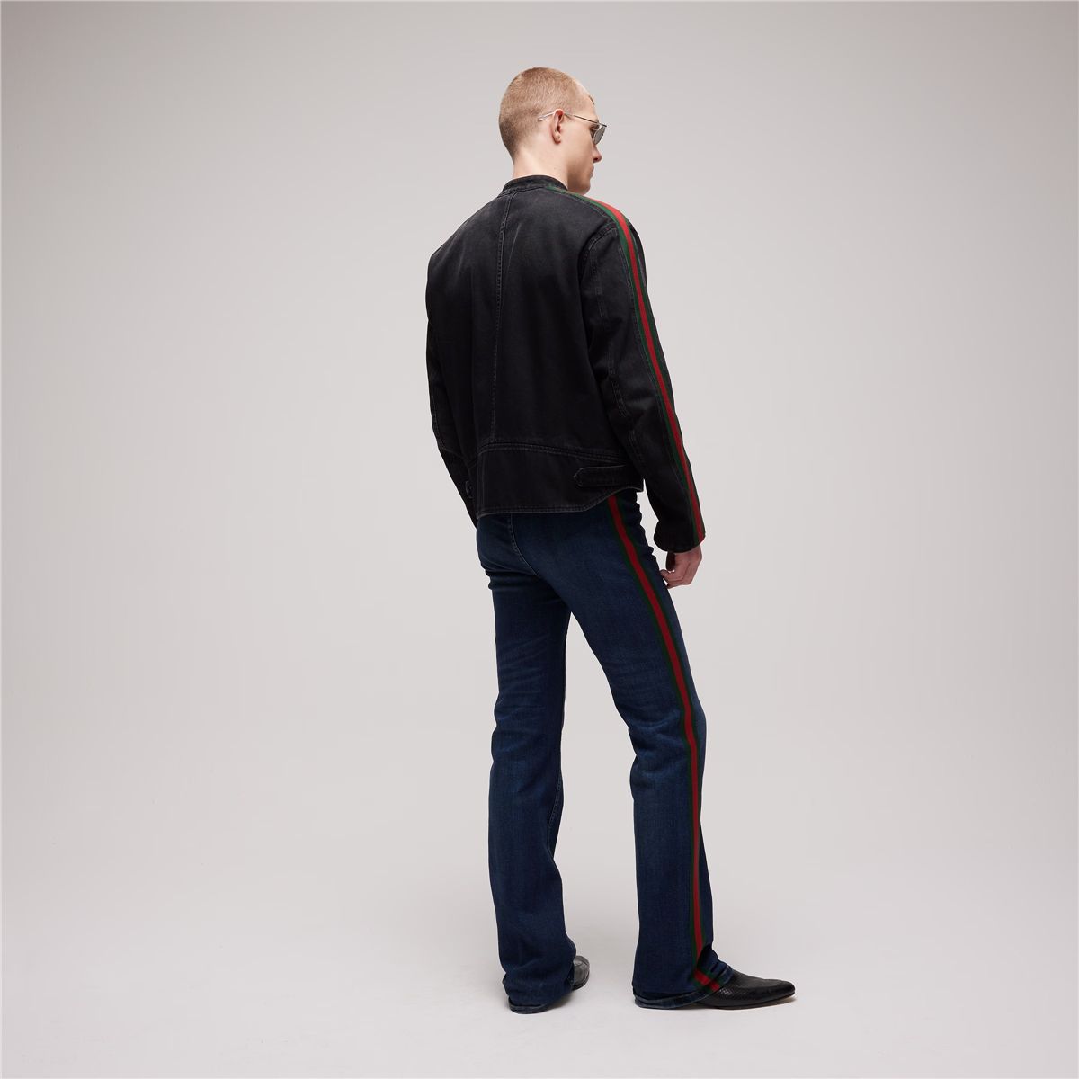 Cotton denim biker jacket with web-GUCCI-Verso