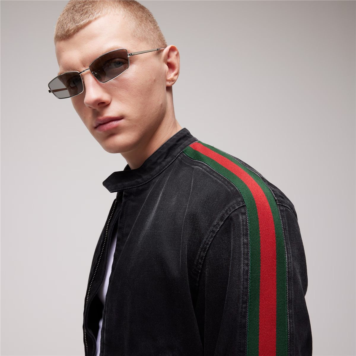 Cotton denim biker jacket with web-GUCCI-Verso