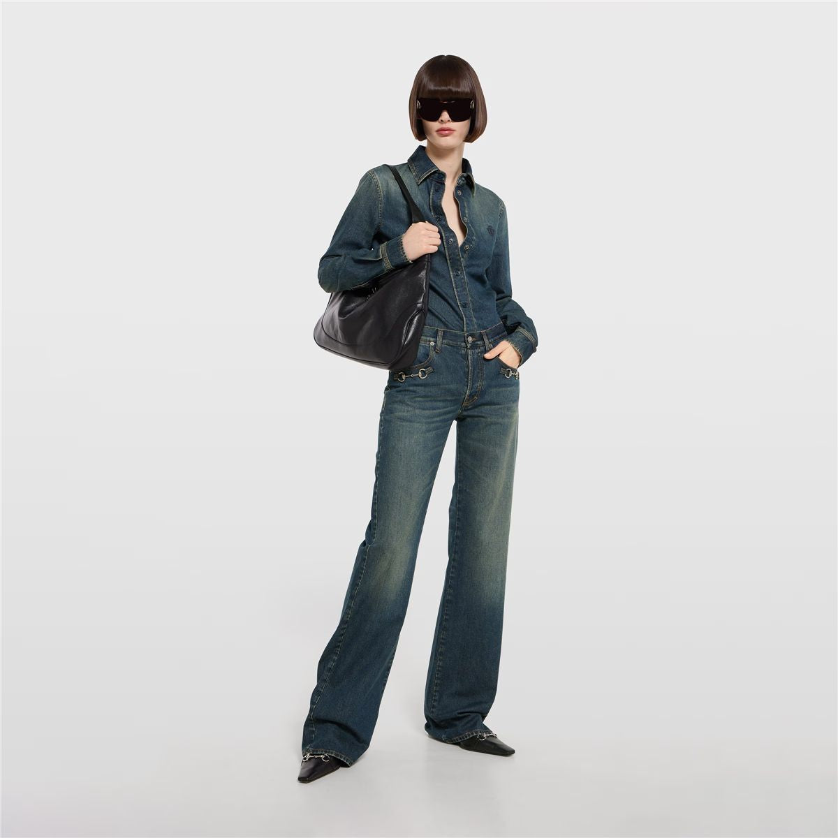 Cotton denim pants with horsebit-GUCCI-Verso