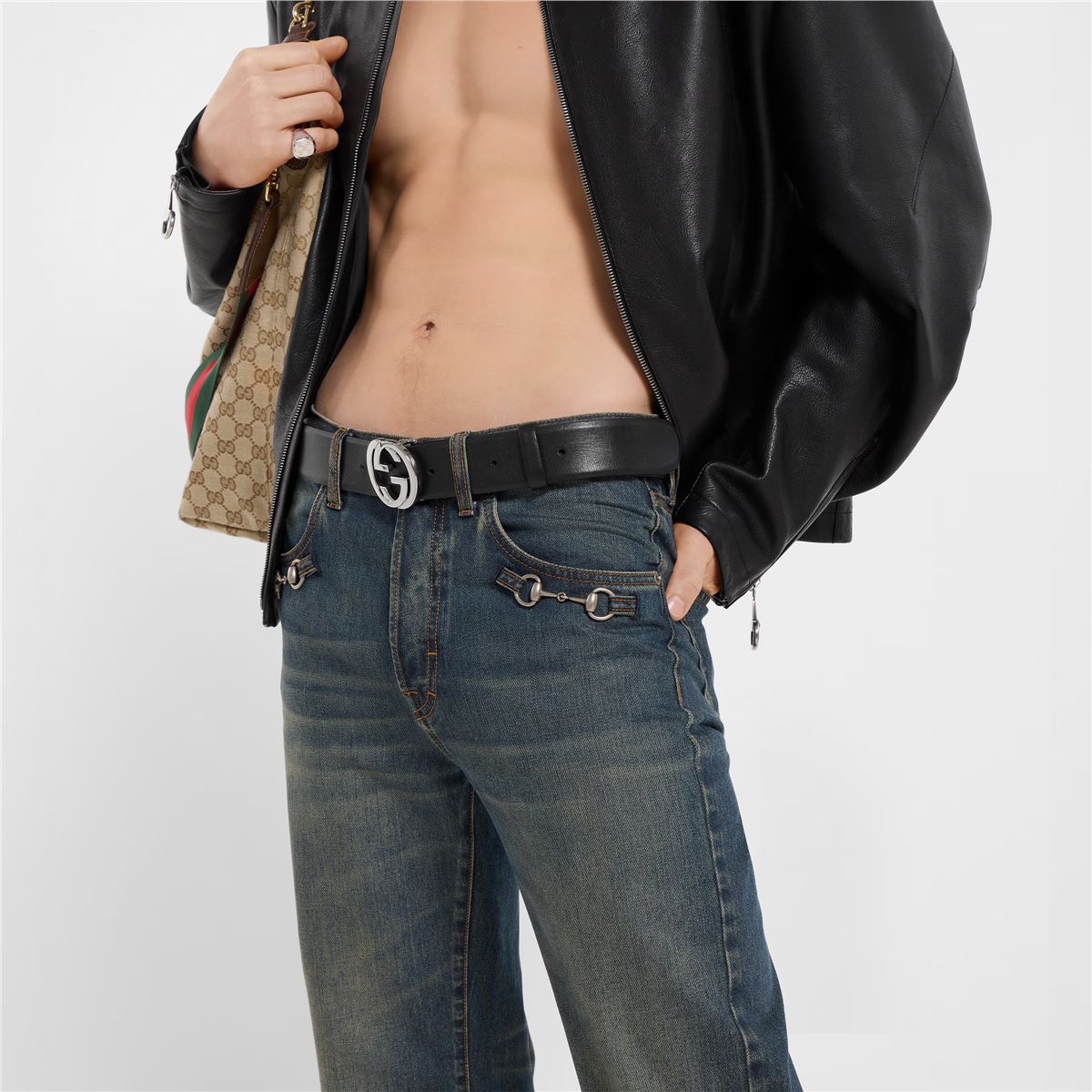 Cotton denim pants with horsebit detail-GUCCI-Verso