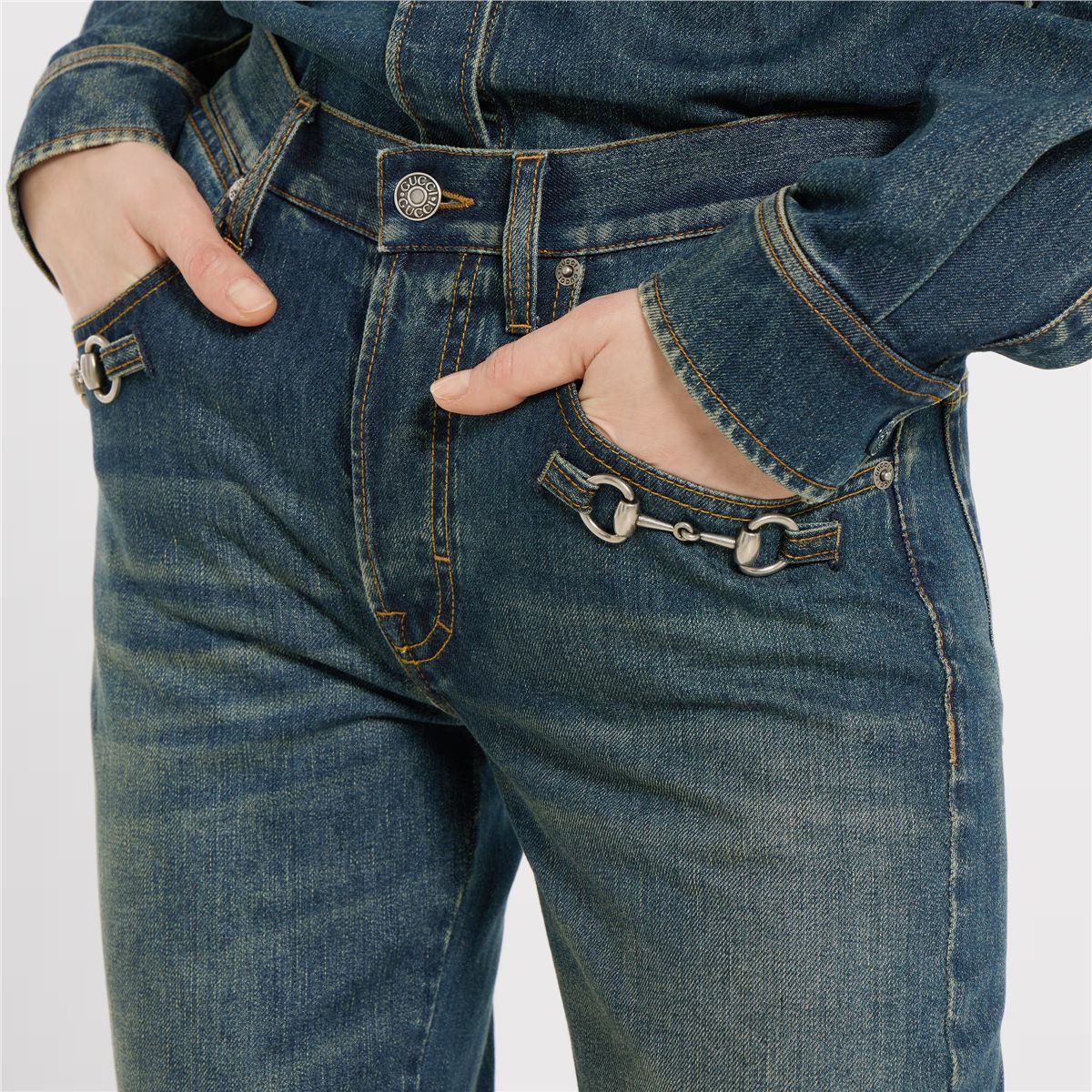 Cotton denim pants with horsebit-GUCCI-Verso