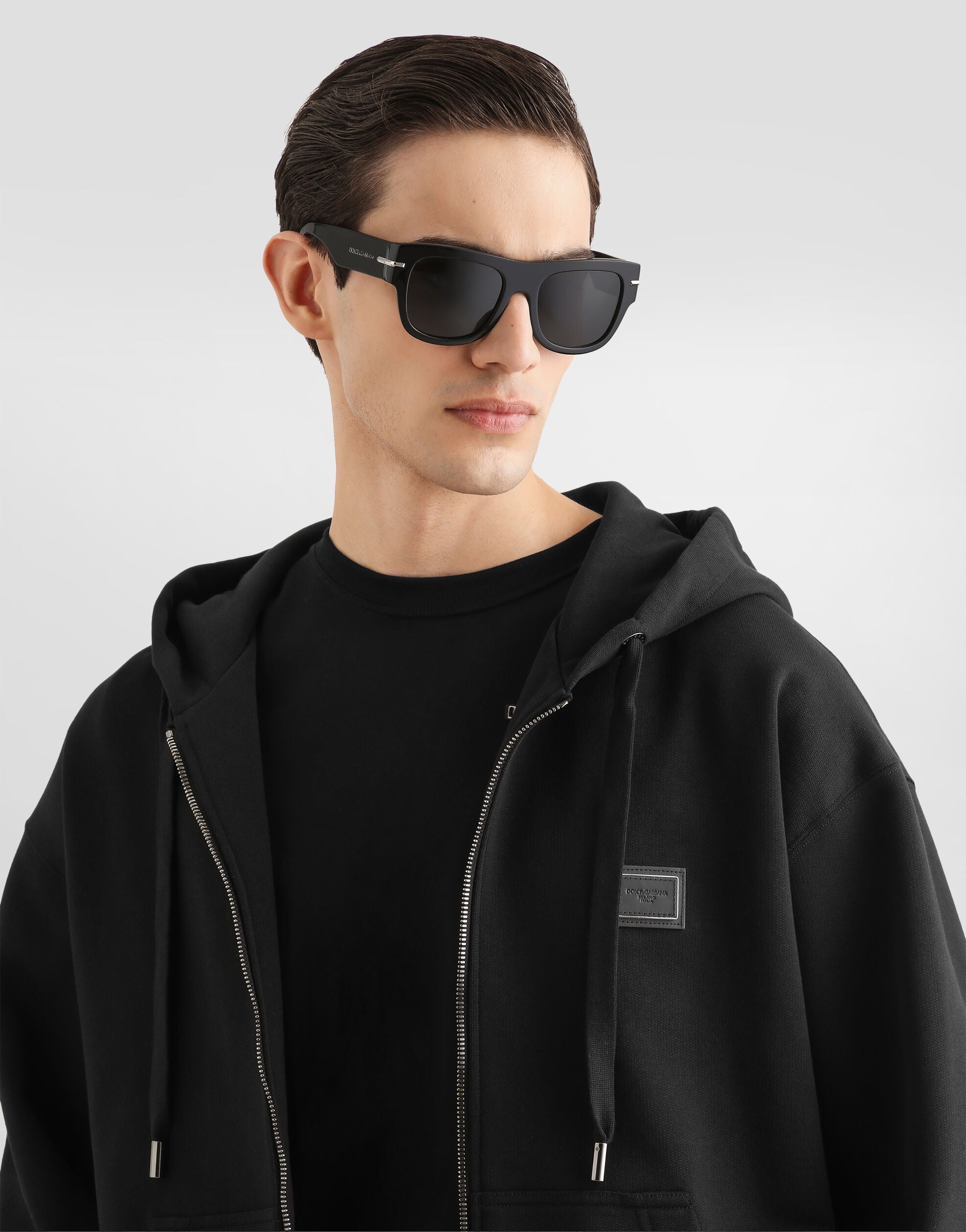 Cotton hooded sweatshirt with logo plate-DOLCE&GABBANA-Verso
