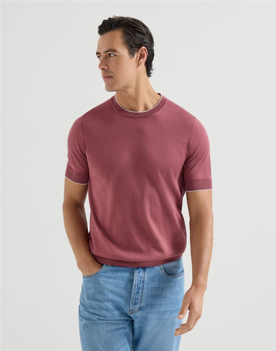 Cotton lightweight knit t-shirt with contrast details-BRUNELLO CUCINELLI-Verso