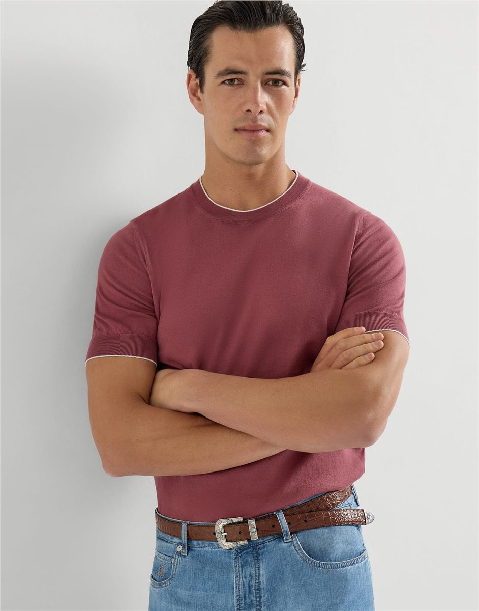 Cotton lightweight knit t-shirt with contrast details-BRUNELLO CUCINELLI-Verso
