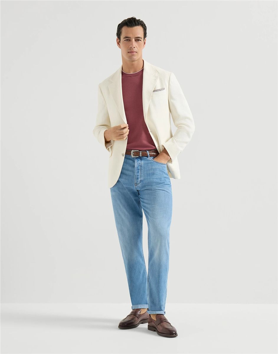 Cotton lightweight knit t-shirt with contrast details-BRUNELLO CUCINELLI-Verso