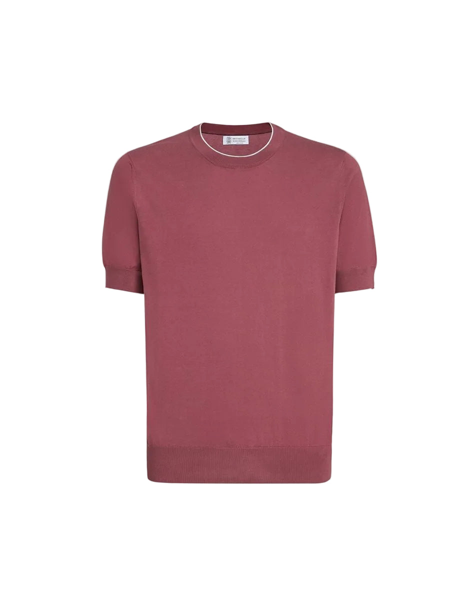 Cotton lightweight knit t-shirt with contrast details-BRUNELLO CUCINELLI-Verso