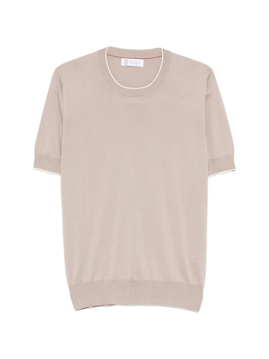 Cotton lightweight knit t-shirt with contrast details-BRUNELLO CUCINELLI-Verso