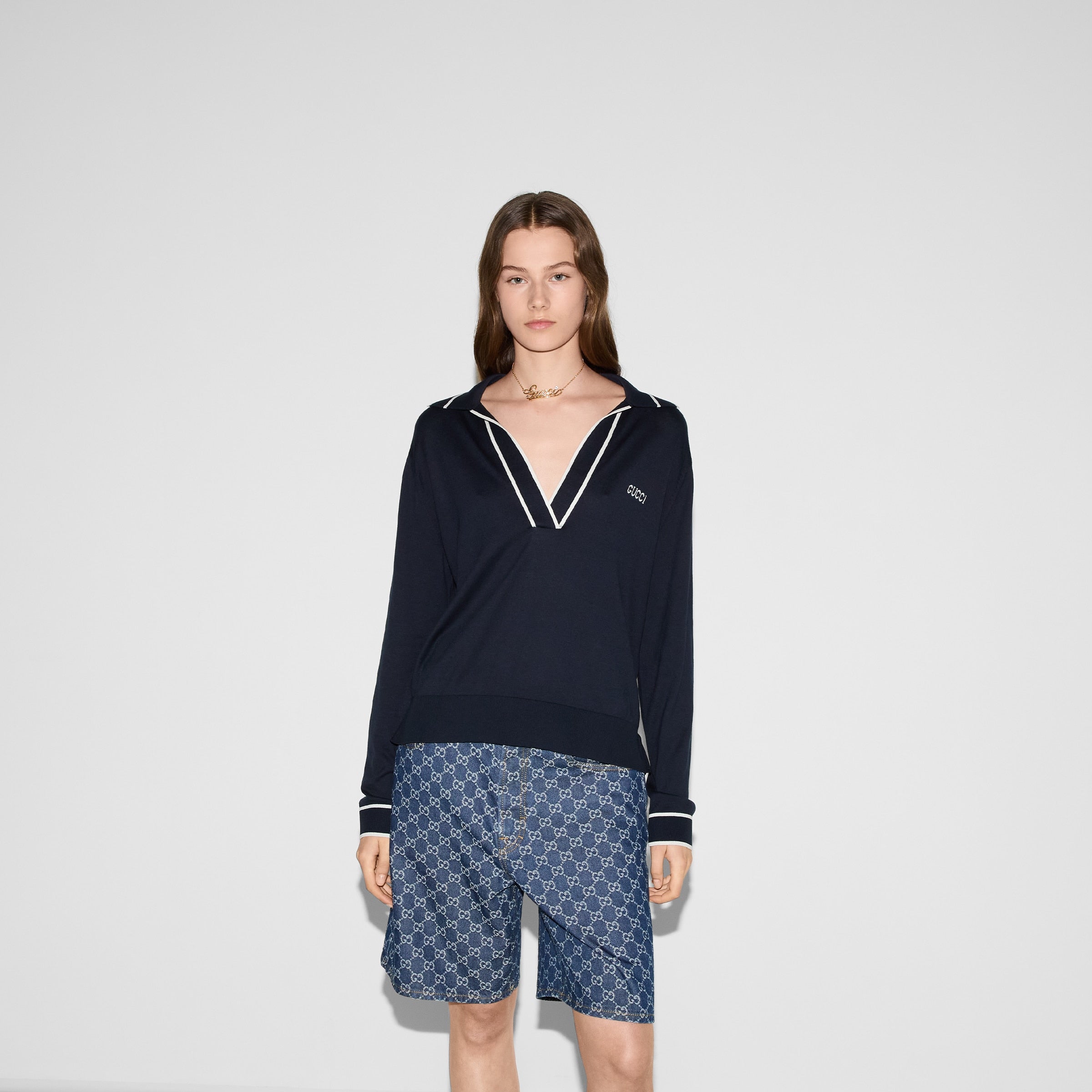 COTTON POLO TOP WITH GUCCI INTARSIA -  GUCCI -  Verso