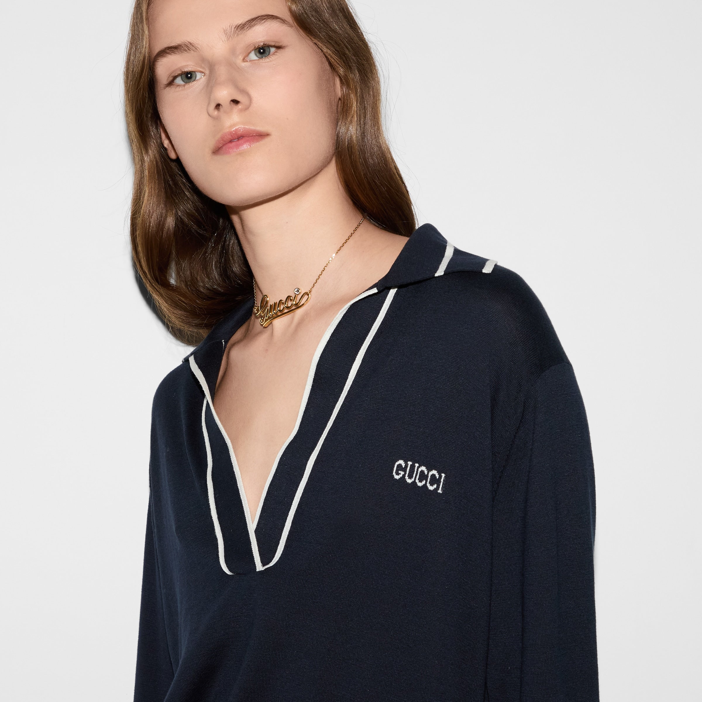 COTTON POLO TOP WITH GUCCI INTARSIA -  GUCCI -  Verso