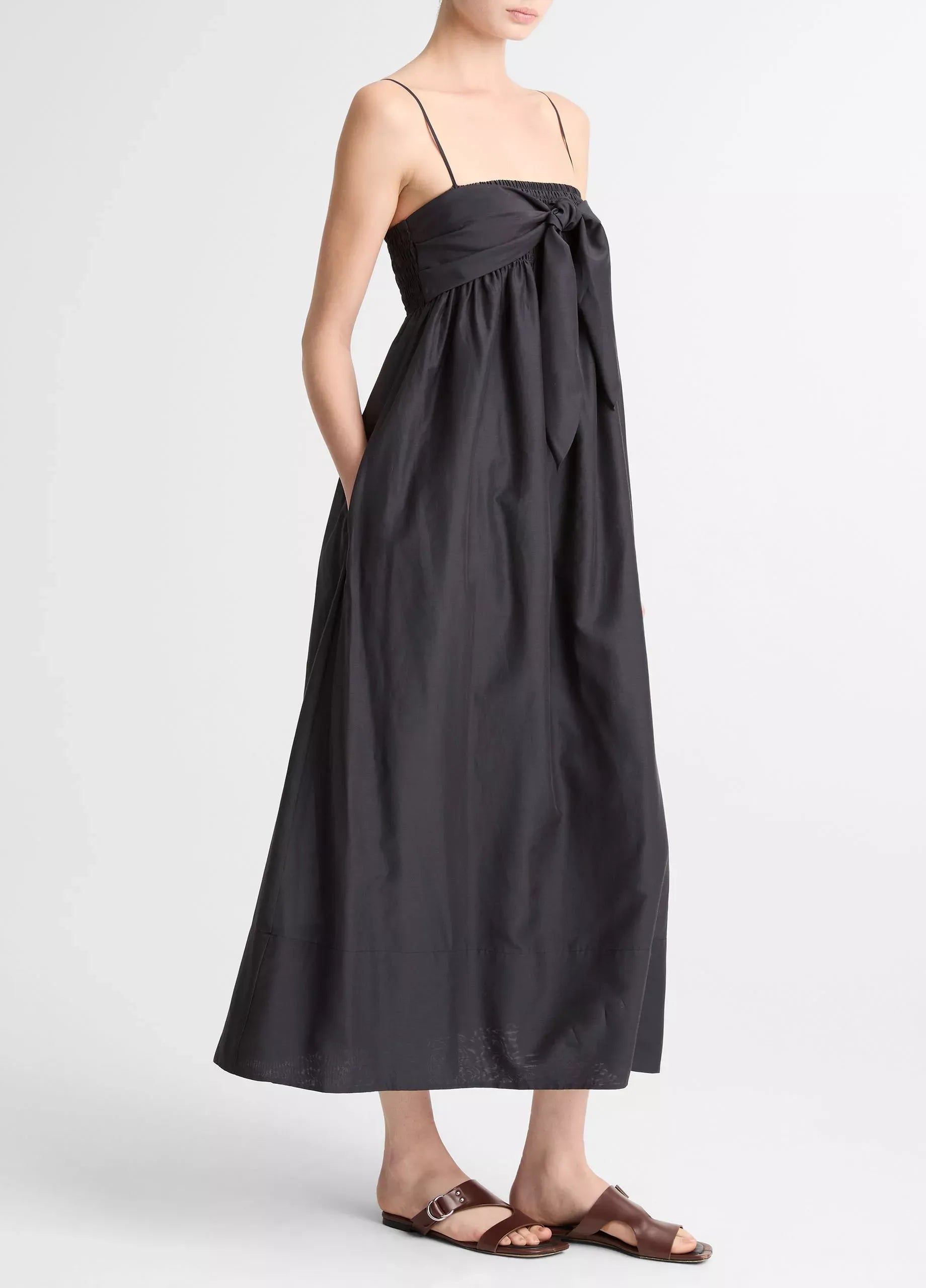Cotton-silk tie smocked dress-VINCE-Verso