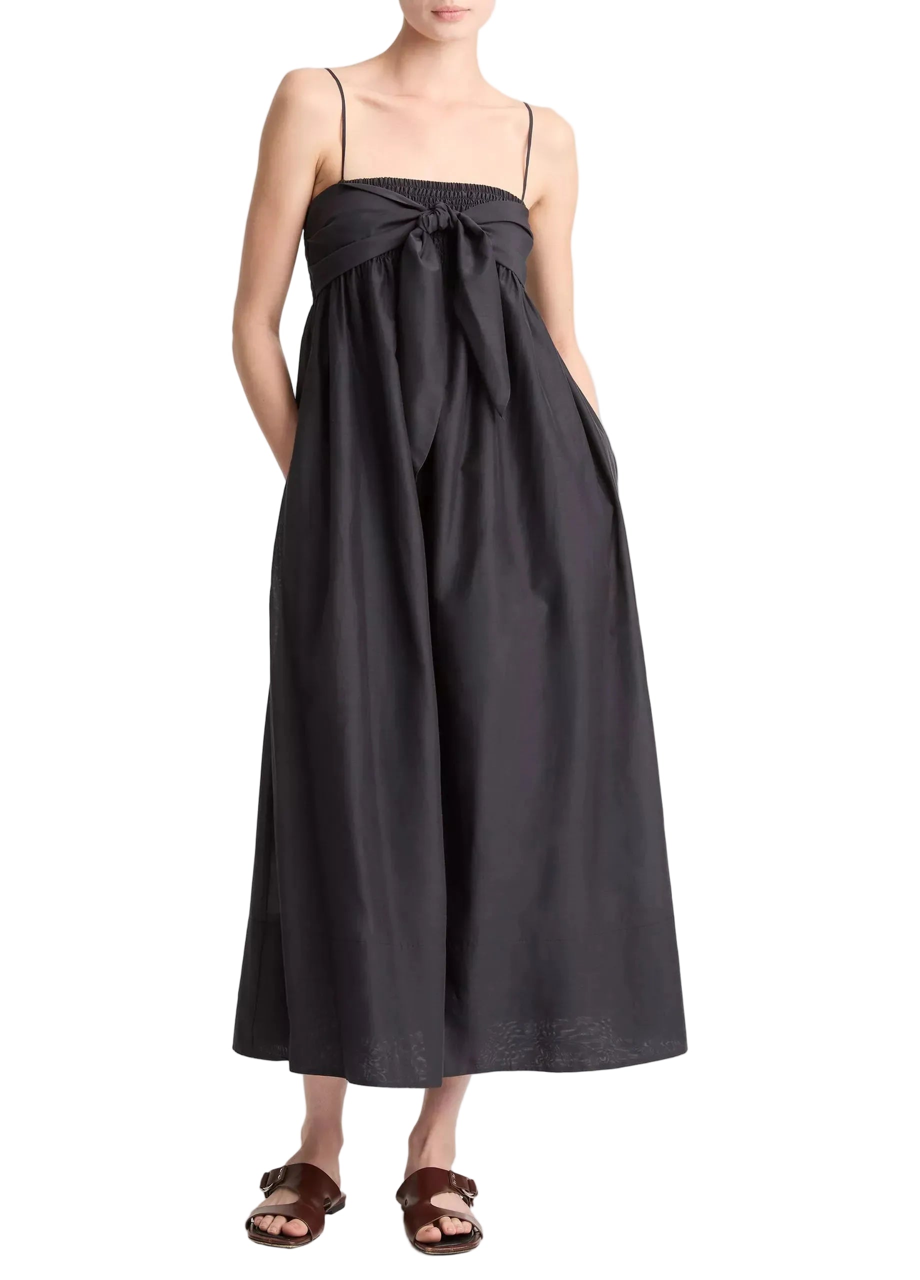 Cotton-silk tie smocked dress-VINCE-Verso
