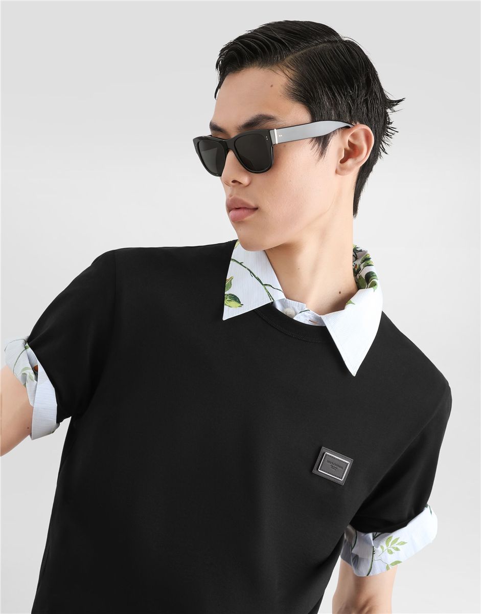 Cotton t-shirt with logo plate-DOLCE&GABBANA-Verso