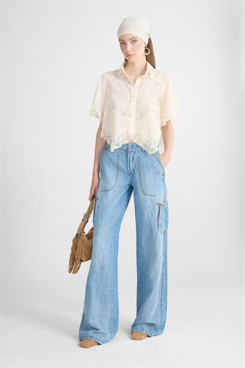 Cropped Cotton Muslin Shirt with Valencienne Lace-ERMANNO SCERVINO-Verso
