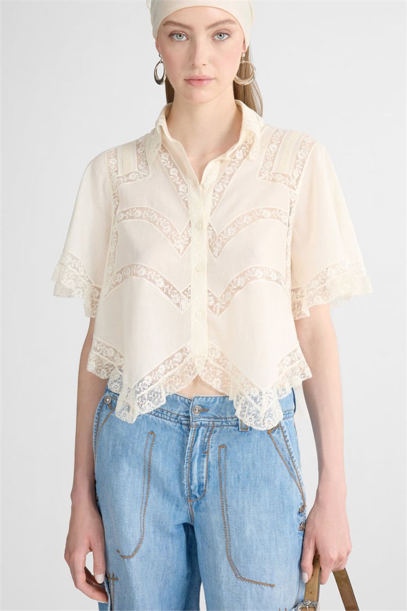 Cropped Cotton Muslin Shirt with Valencienne Lace-ERMANNO SCERVINO-Verso