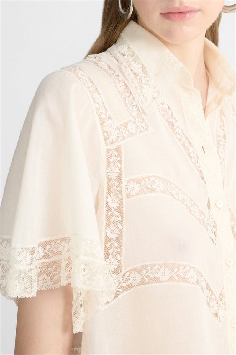 Cropped Cotton Muslin Shirt with Valencienne Lace-ERMANNO SCERVINO-Verso