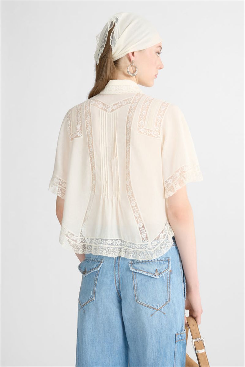 Cropped Cotton Muslin Shirt with Valencienne Lace-ERMANNO SCERVINO-Verso