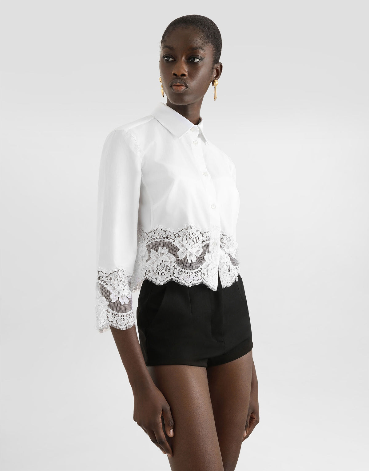 Cropped poplin shirt with lace inserts-DOLCE&GABBANA-Verso