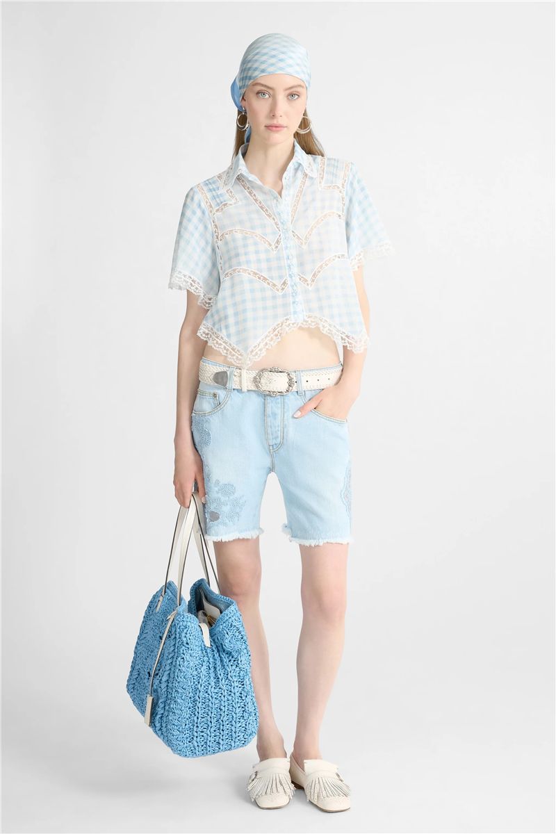 Cropped silk shirt with blue vichy print and valencienne lace-ERMANNO SCERVINO-Verso