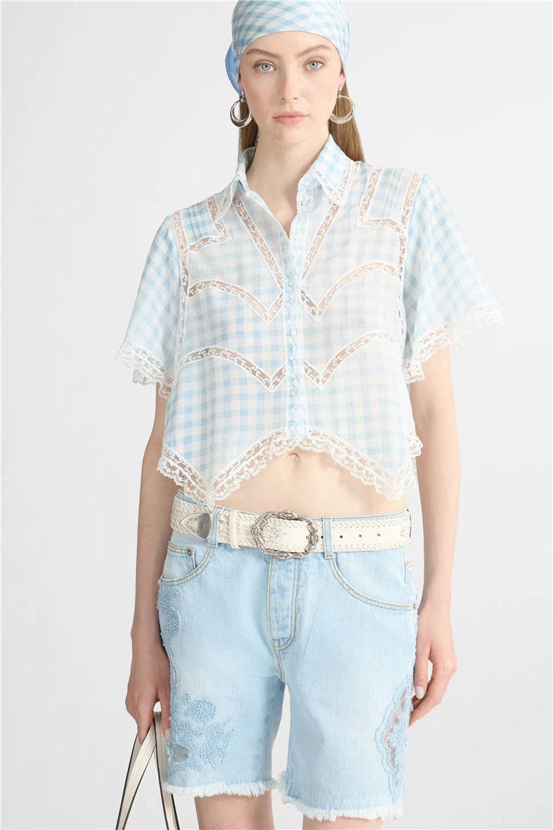 Cropped silk shirt with blue vichy print and valencienne lace-ERMANNO SCERVINO-Verso