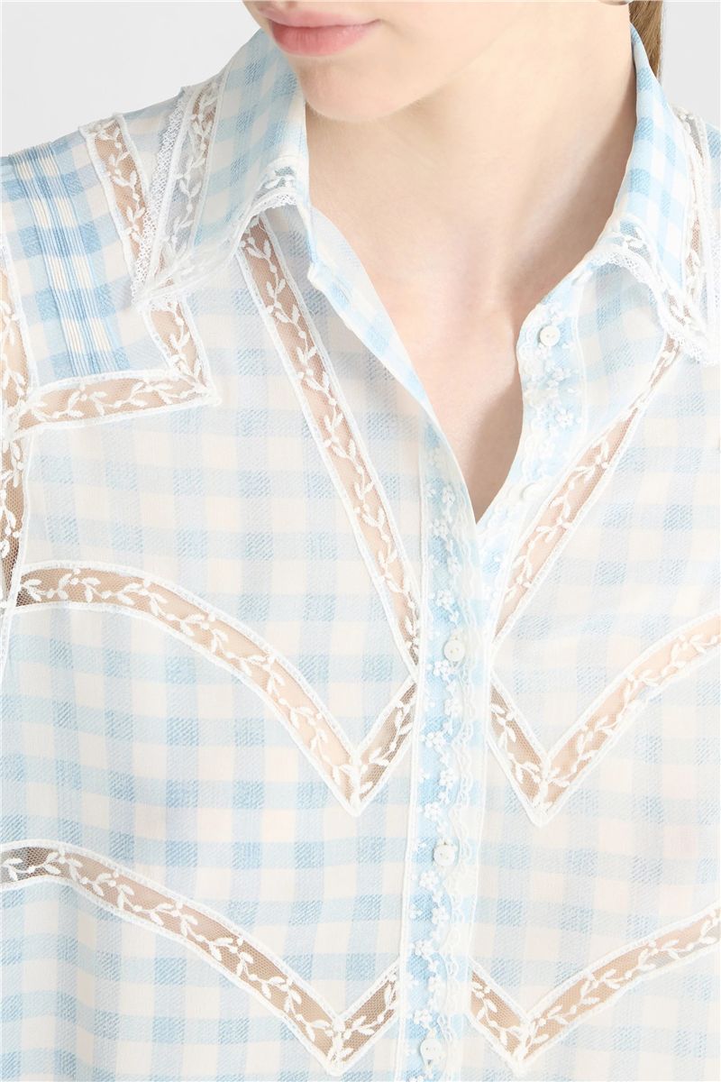 Cropped silk shirt with blue vichy print and valencienne lace-ERMANNO SCERVINO-Verso