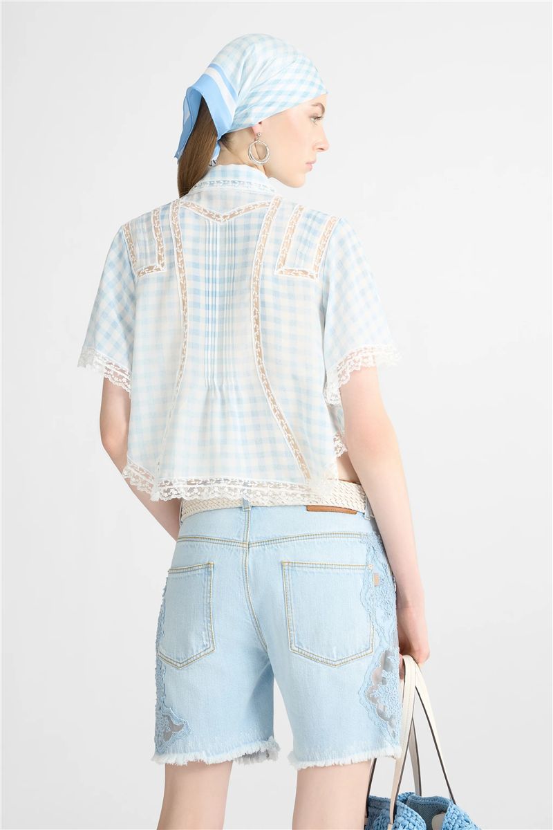 Cropped silk shirt with blue vichy print and valencienne lace-ERMANNO SCERVINO-Verso