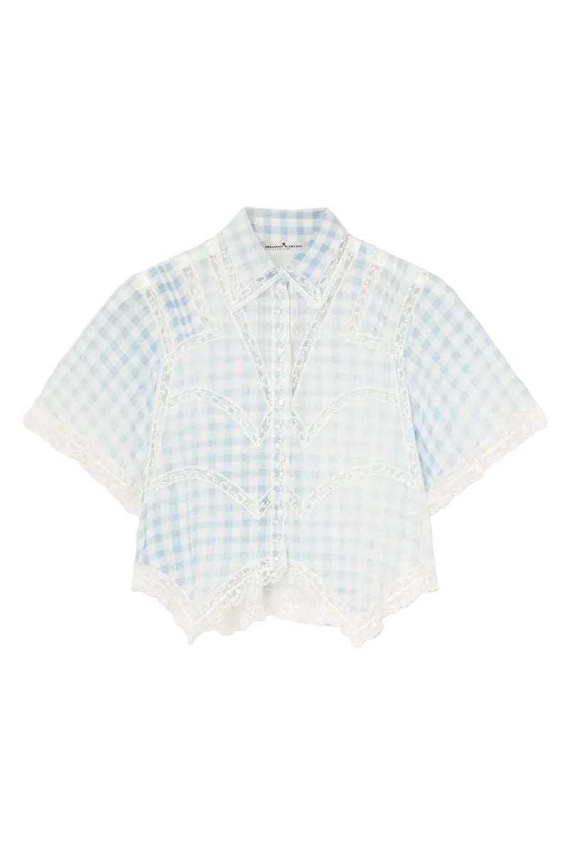 Cropped silk shirt with blue vichy print and valencienne lace-ERMANNO SCERVINO-Verso