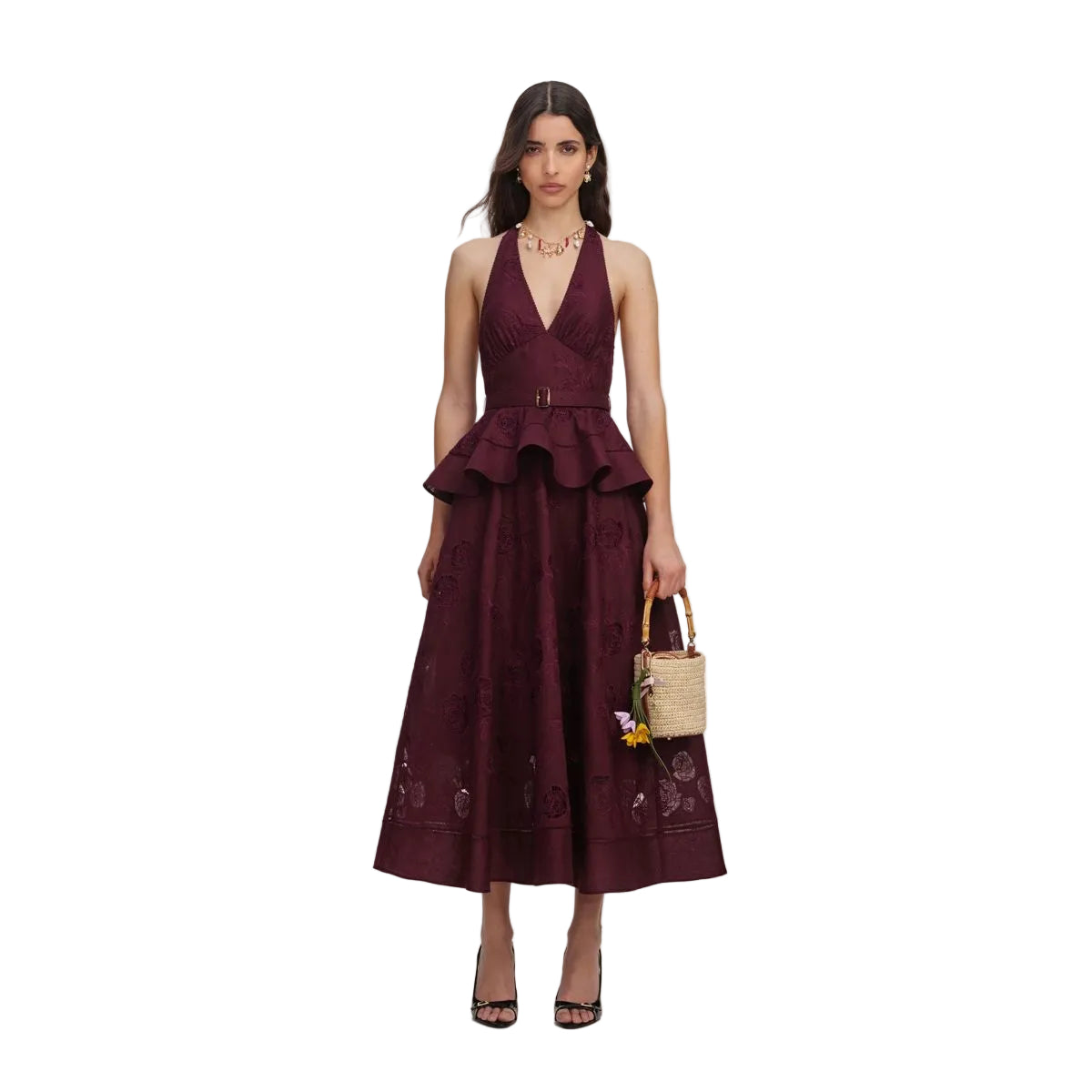 Plum Linen Blend Peplum Midi Dress