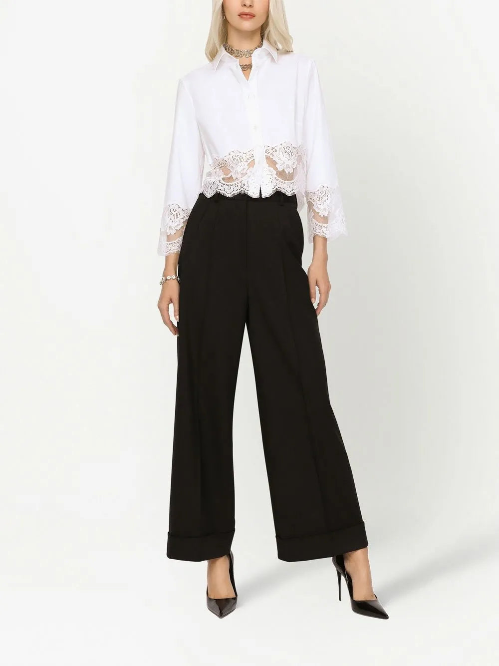 Dolce & gabbana lace-insert cropped poplin shirt-DOLCE&GABBANA-Verso