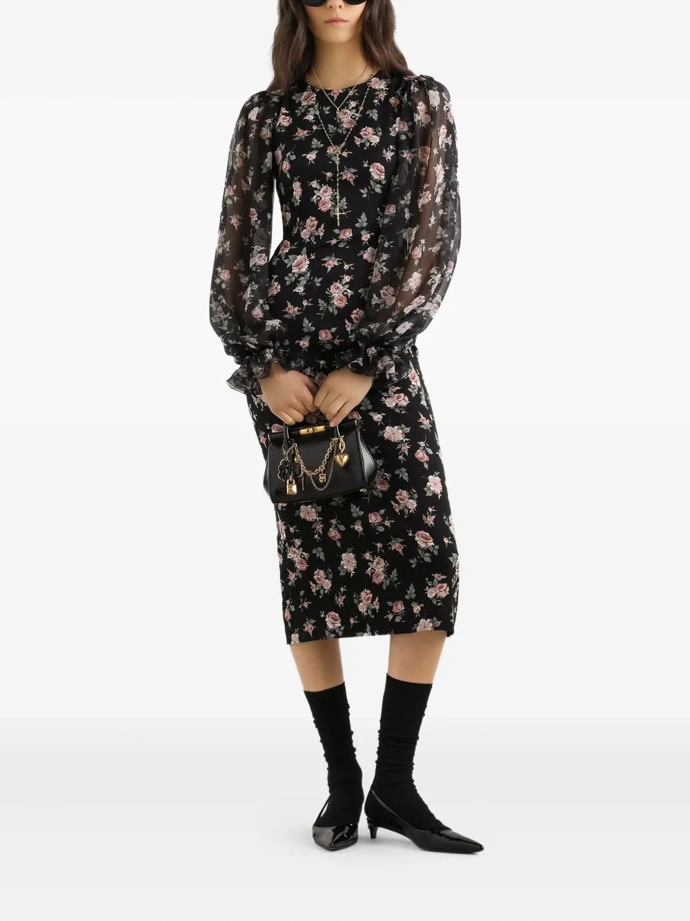 Dolce&Gabbana Puff-sleeve Floral Midi Dress-DOLCE&GABBANA-Verso